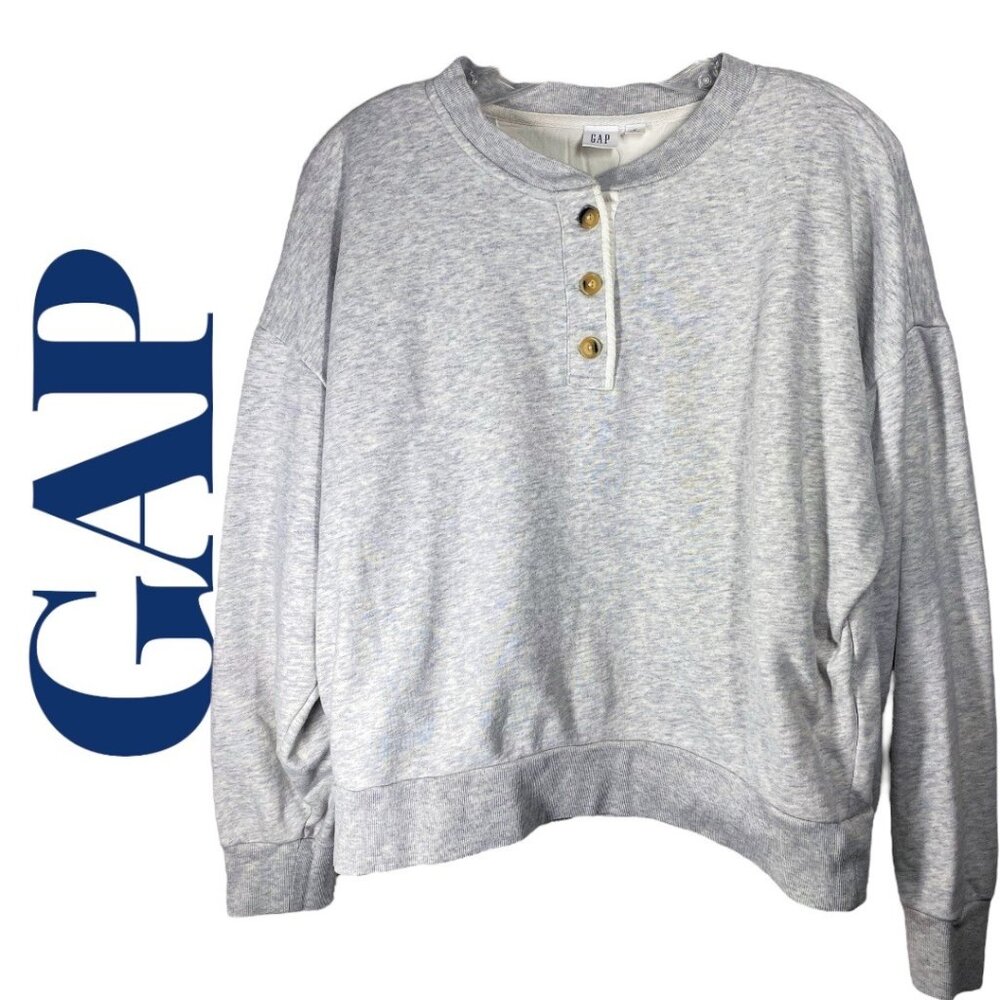 GAP VINTAGE SOFT CROPPED HENLEY HEATHER‎ GRAY TERRYCLOTH, SIZE MEDIUM